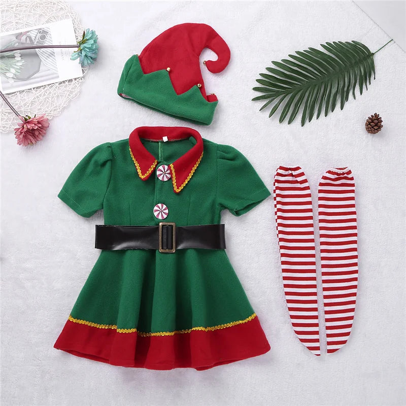 2022 green Elf Girls christmas Costume Festival Santa Clause for Girls New Year chilren clothing Fancy Dress Xmas Party Dress