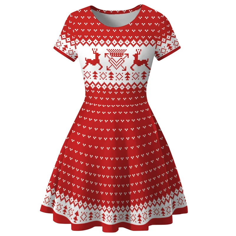 Christmas Dress Women Winter Santa Printed Big Swing Dresses 50S 60S Vintage Female Xmas Party Dress Robe Rockabilly