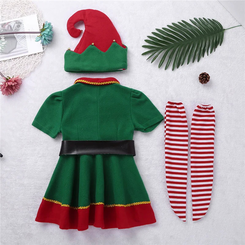 2022 green Elf Girls christmas Costume Festival Santa Clause for Girls New Year chilren clothing Fancy Dress Xmas Party Dress