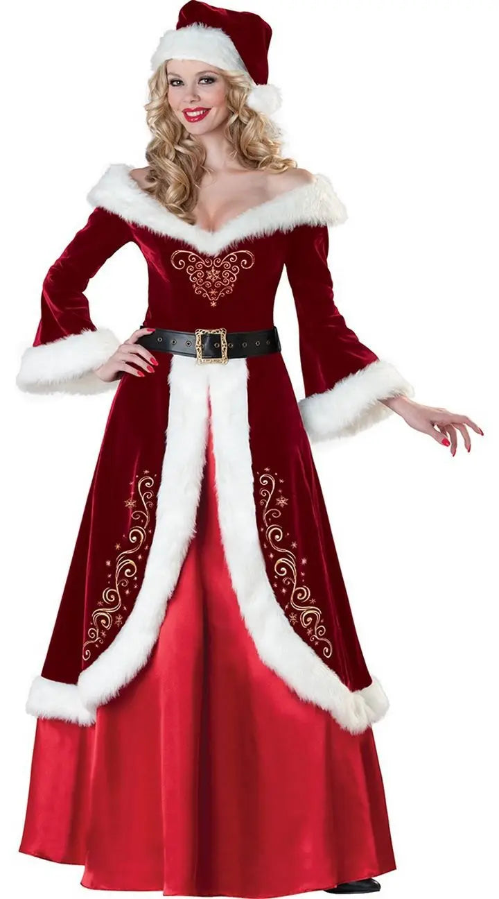 XL M-5XL Couple Christmas Santa Claus Cosplay Costume Cosplay Red Corduroy Lady Elegant Christmas Party Long Dress Set