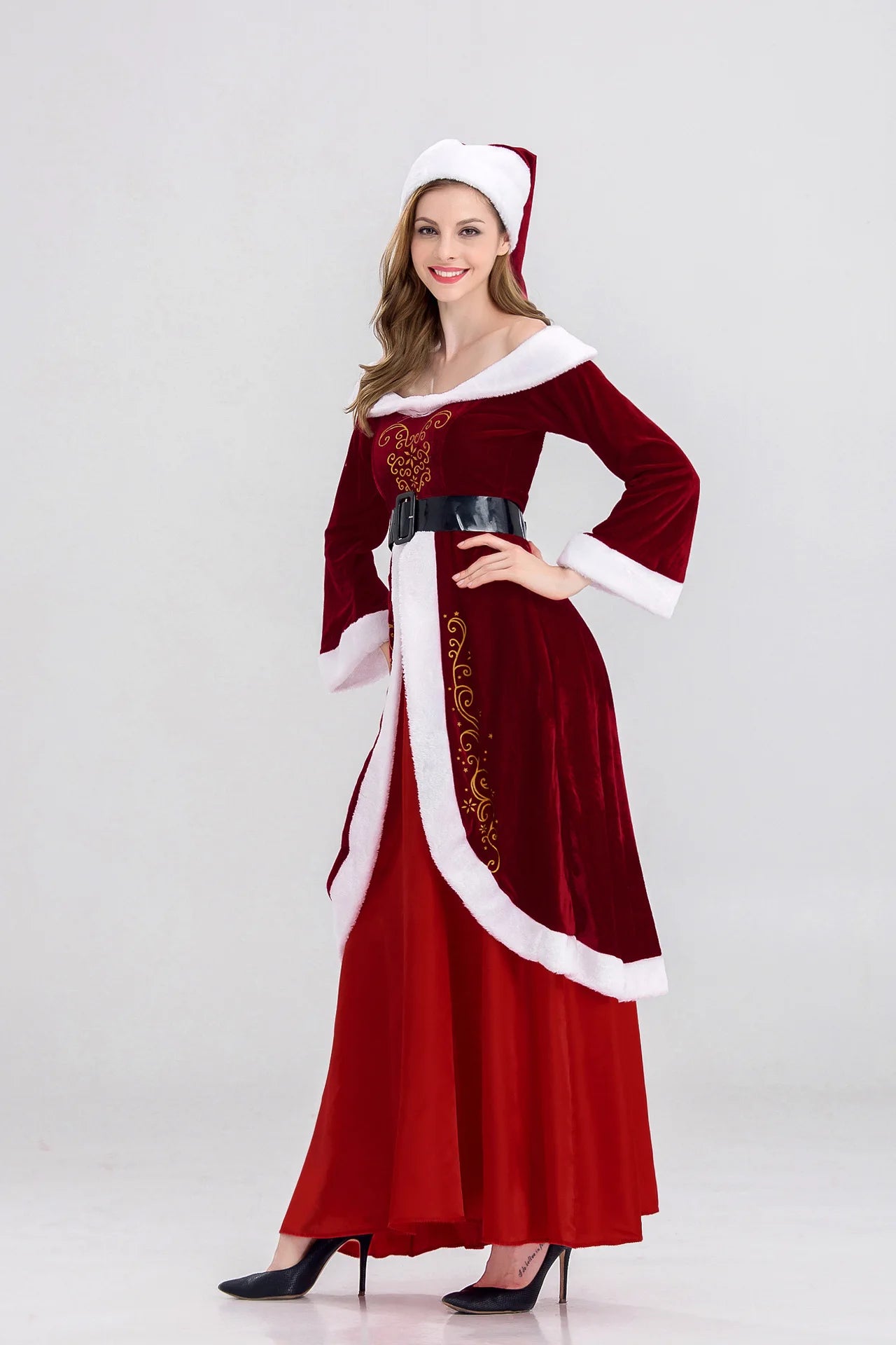 XL M-5XL Couple Christmas Santa Claus Cosplay Costume Cosplay Red Corduroy Lady Elegant Christmas Party Long Dress Set