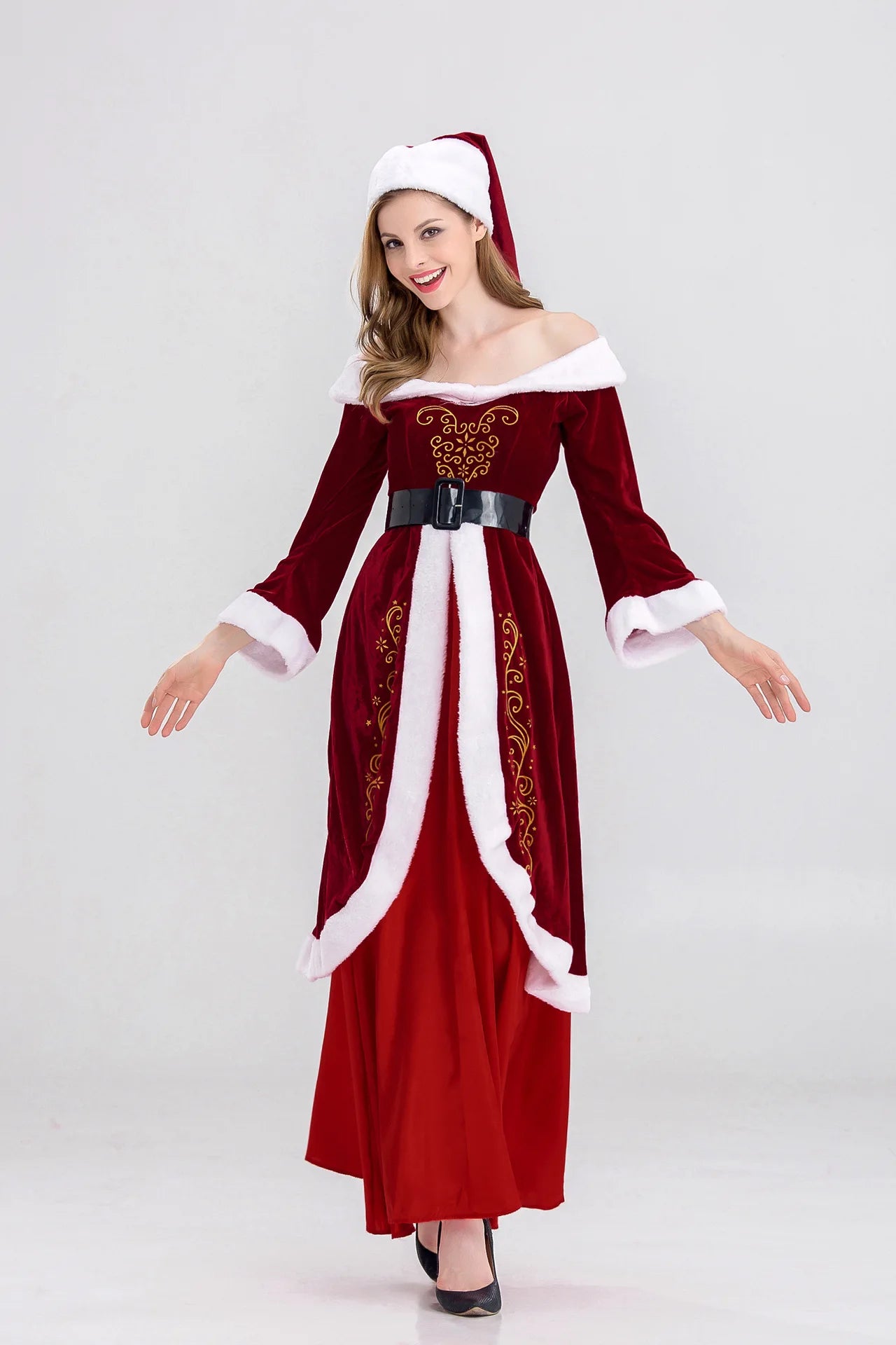 XL M-5XL Couple Christmas Santa Claus Cosplay Costume Cosplay Red Corduroy Lady Elegant Christmas Party Long Dress Set