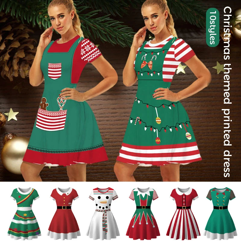 Christmas Dress Women Winter Santa Printed Big Swing Dresses 50S 60S Vintage Female Xmas Party Dress Robe Rockabilly