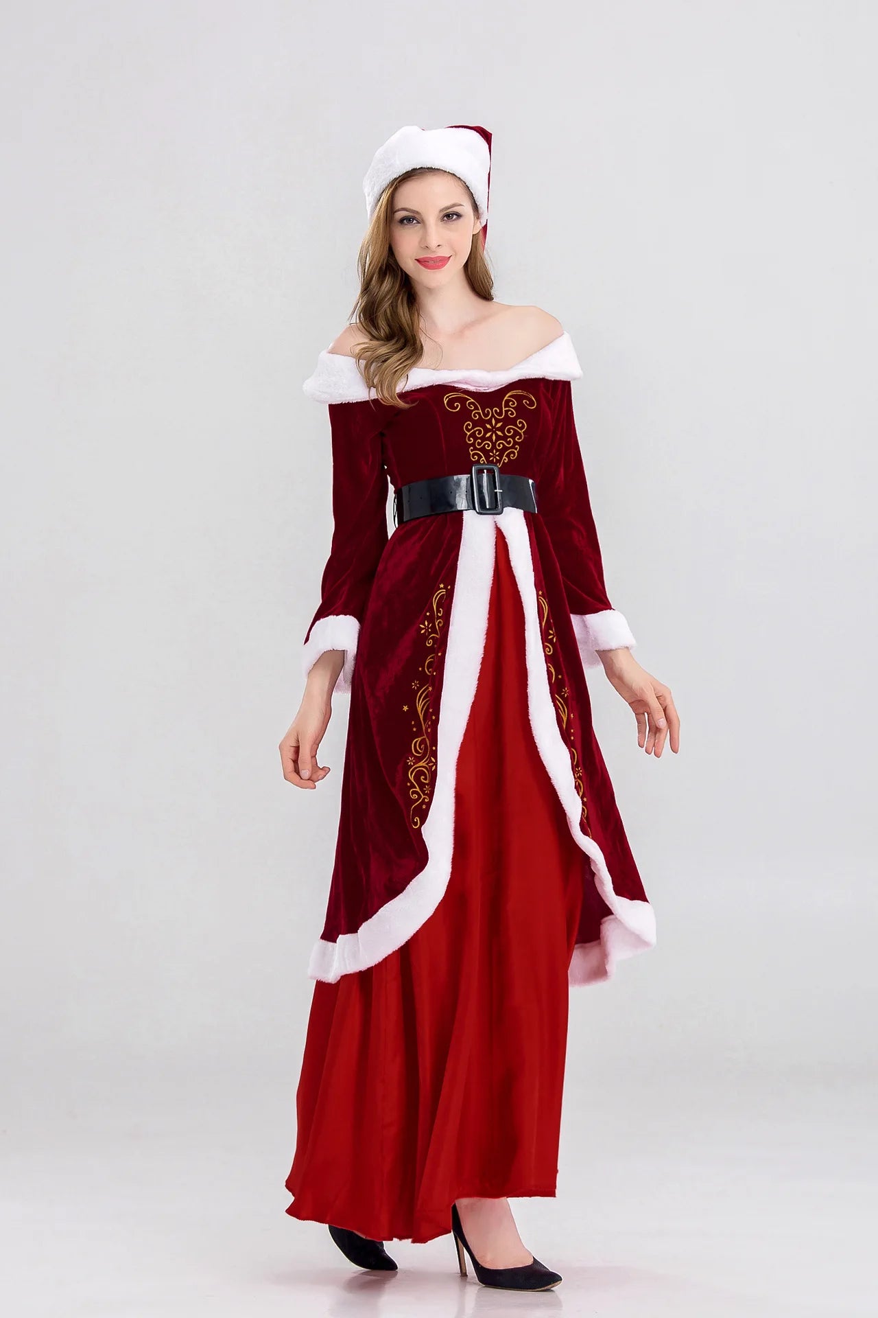 XL M-5XL Couple Christmas Santa Claus Cosplay Costume Cosplay Red Corduroy Lady Elegant Christmas Party Long Dress Set