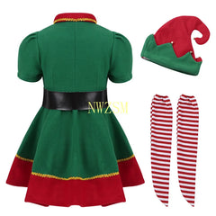 2022 green Elf Girls christmas Costume Festival Santa Clause for Girls New Year chilren clothing Fancy Dress Xmas Party Dress