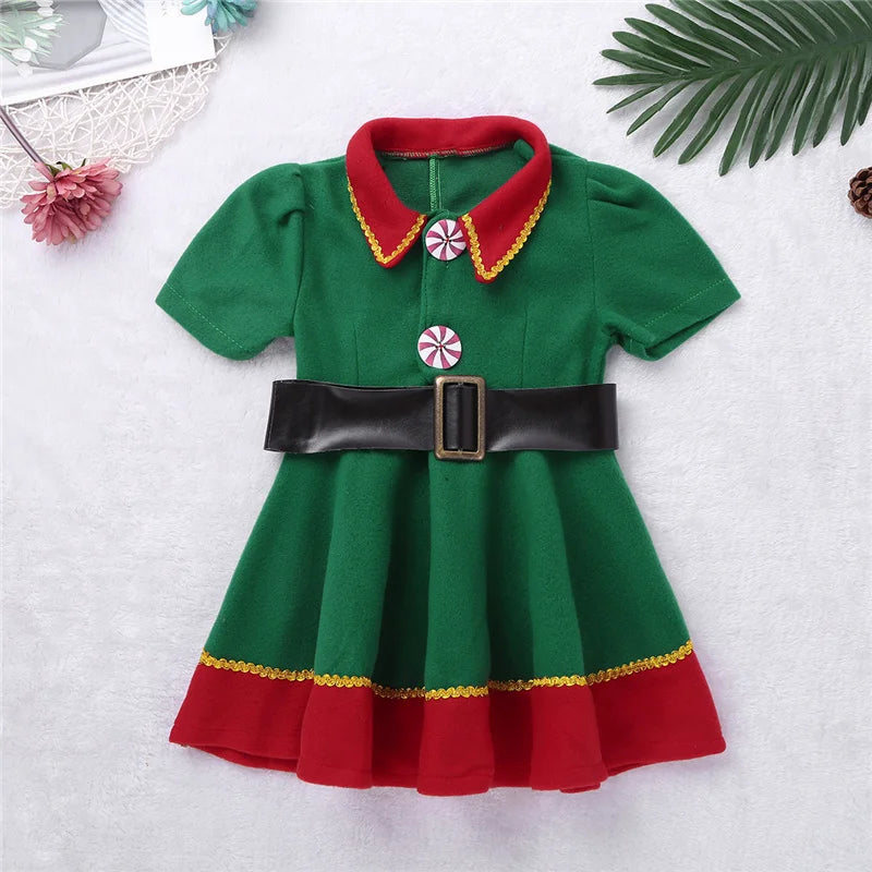 2022 green Elf Girls christmas Costume Festival Santa Clause for Girls New Year chilren clothing Fancy Dress Xmas Party Dress