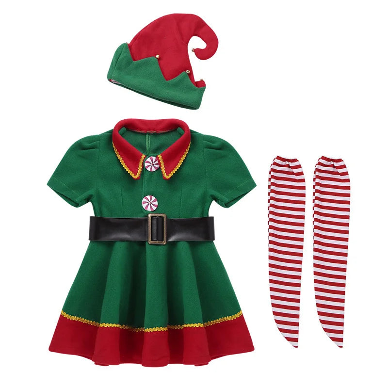 2022 green Elf Girls christmas Costume Festival Santa Clause for Girls New Year chilren clothing Fancy Dress Xmas Party Dress