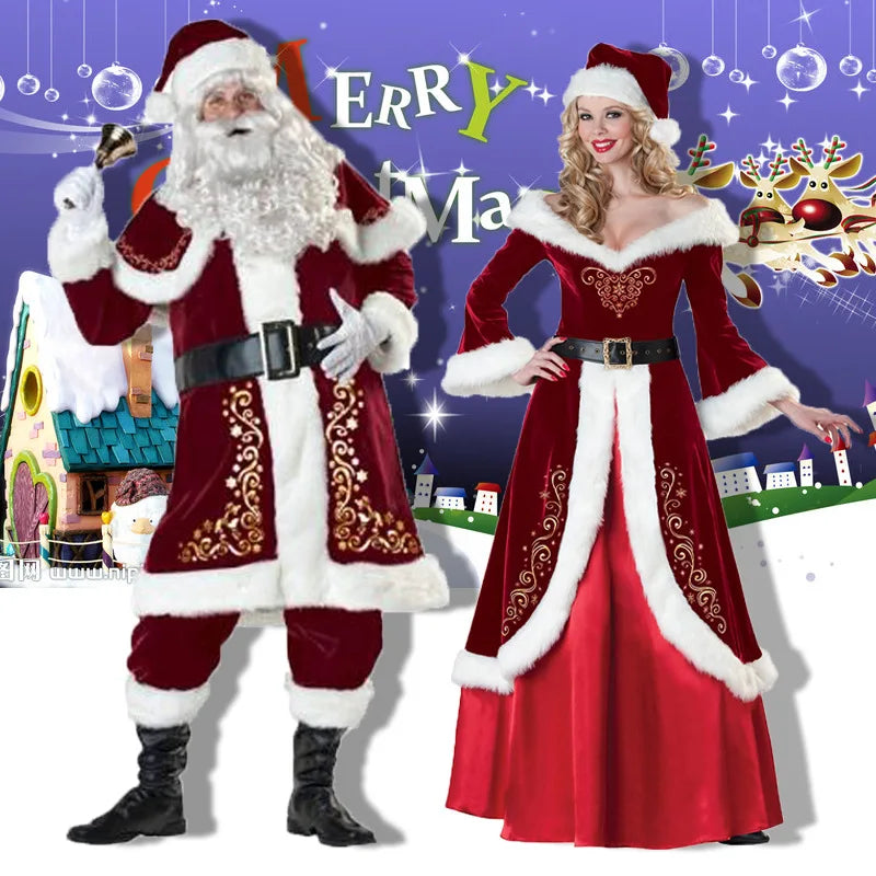 XL M-5XL Couple Christmas Santa Claus Cosplay Costume Cosplay Red Corduroy Lady Elegant Christmas Party Long Dress Set