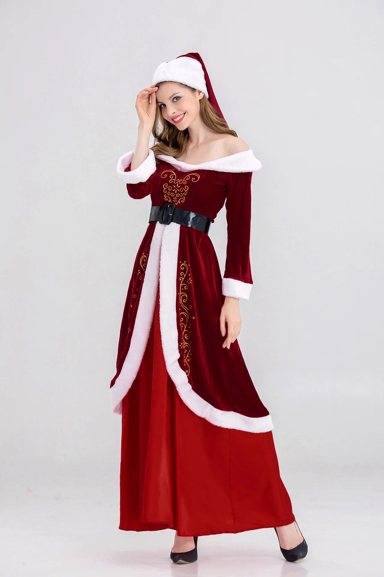 XL M-5XL Couple Christmas Santa Claus Cosplay Costume Cosplay Red Corduroy Lady Elegant Christmas Party Long Dress Set