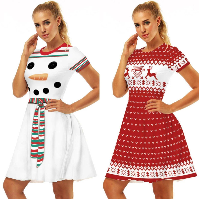 Christmas Dress Women Winter Santa Printed Big Swing Dresses 50S 60S Vintage Female Xmas Party Dress Robe Rockabilly