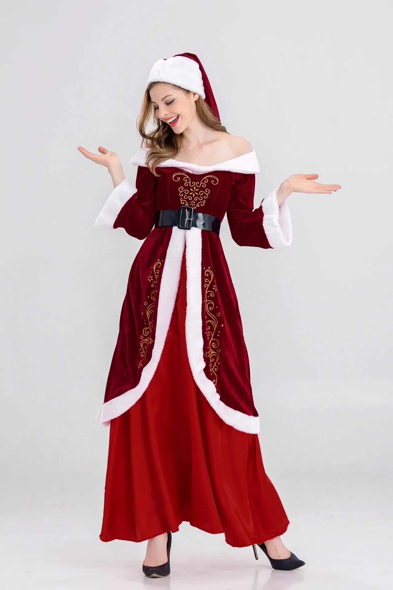 XL M-5XL Couple Christmas Santa Claus Cosplay Costume Cosplay Red Corduroy Lady Elegant Christmas Party Long Dress Set