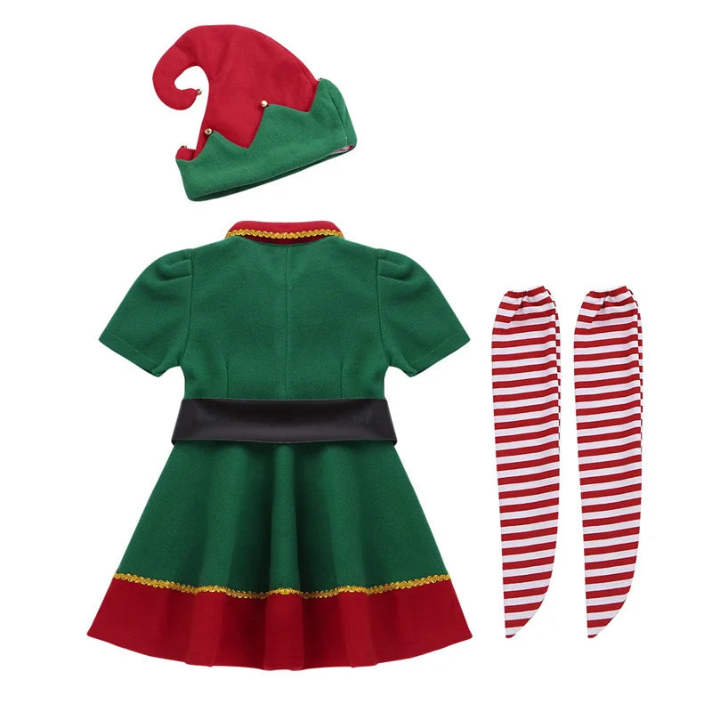 2022 green Elf Girls christmas Costume Festival Santa Clause for Girls New Year chilren clothing Fancy Dress Xmas Party Dress