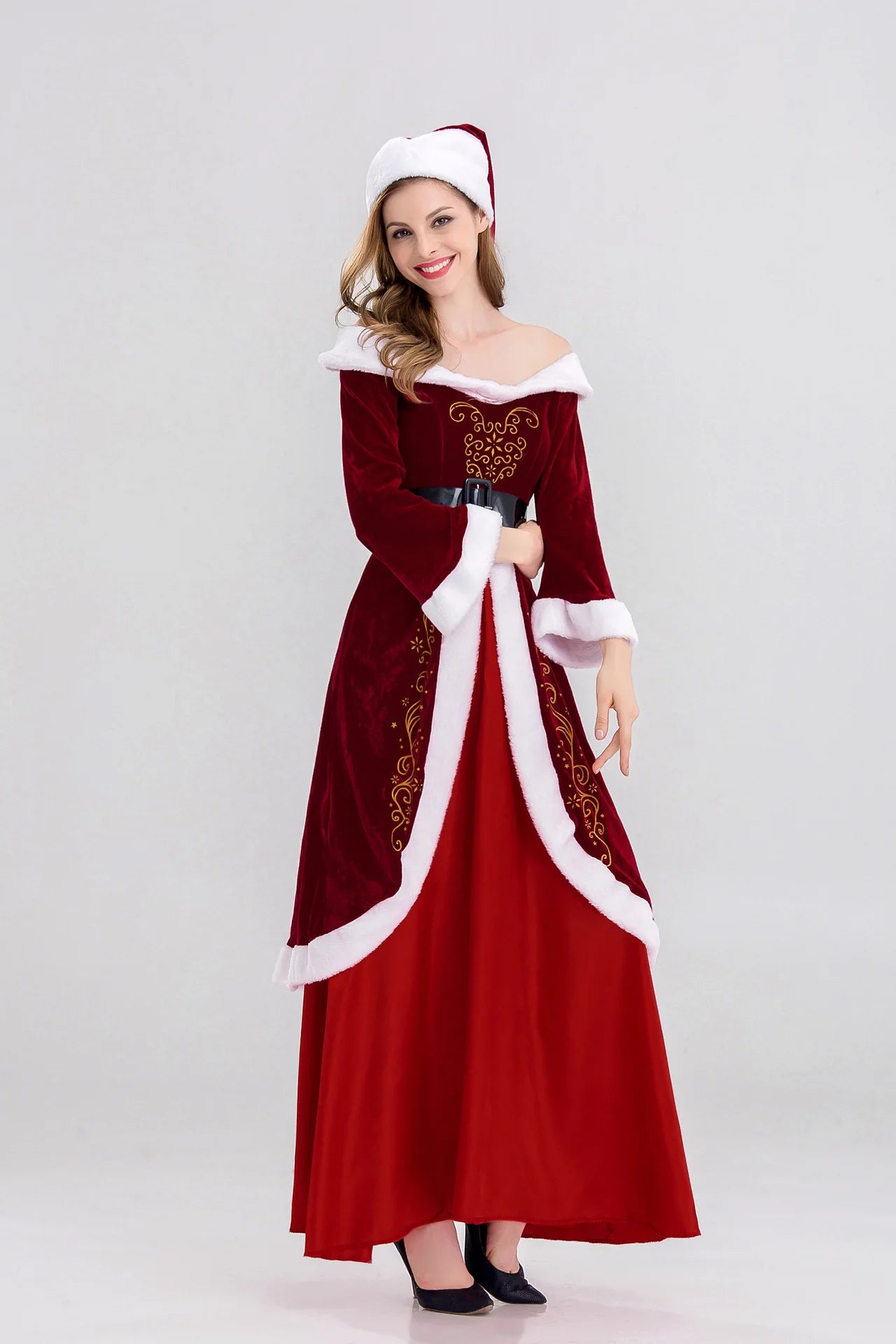 XL M-5XL Couple Christmas Santa Claus Cosplay Costume Cosplay Red Corduroy Lady Elegant Christmas Party Long Dress Set