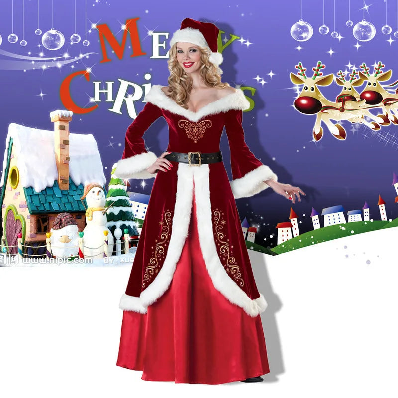 XL M-5XL Couple Christmas Santa Claus Cosplay Costume Cosplay Red Corduroy Lady Elegant Christmas Party Long Dress Set