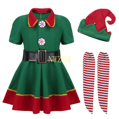 2022 green Elf Girls christmas Costume Festival Santa Clause for Girls New Year chilren clothing Fancy Dress Xmas Party Dress