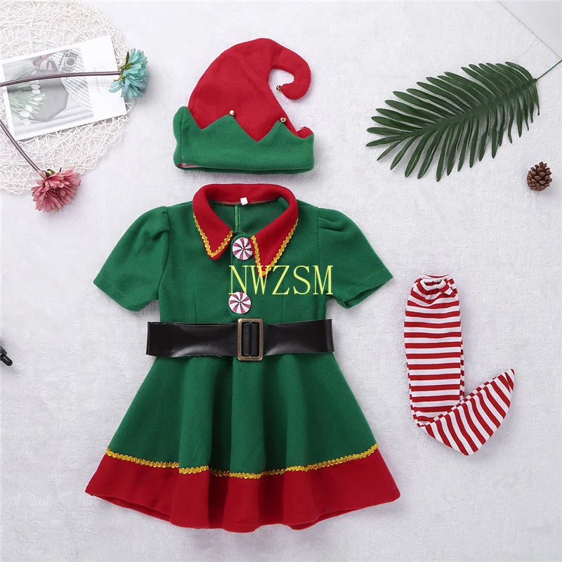 2022 green Elf Girls christmas Costume Festival Santa Clause for Girls New Year chilren clothing Fancy Dress Xmas Party Dress