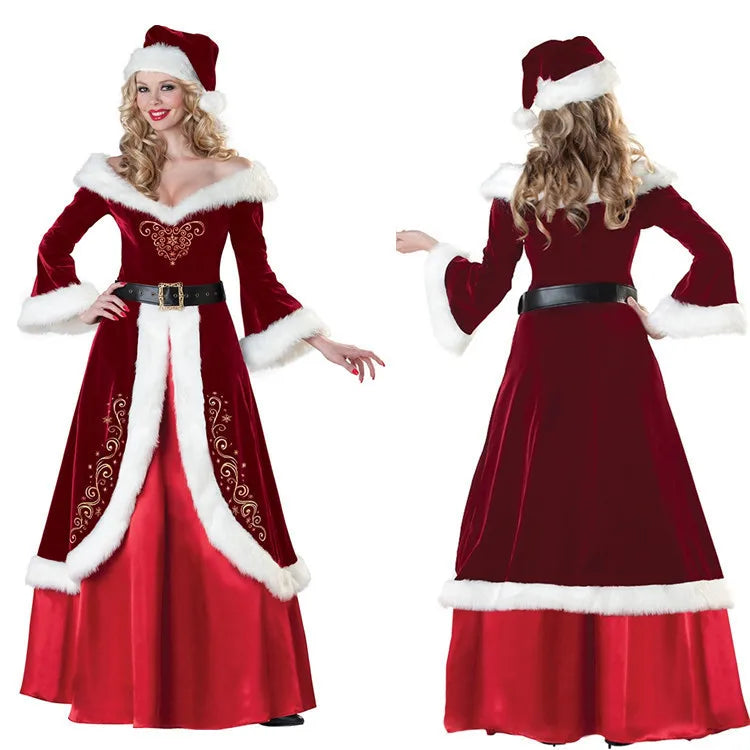 XL M-5XL Couple Christmas Santa Claus Cosplay Costume Cosplay Red Corduroy Lady Elegant Christmas Party Long Dress Set