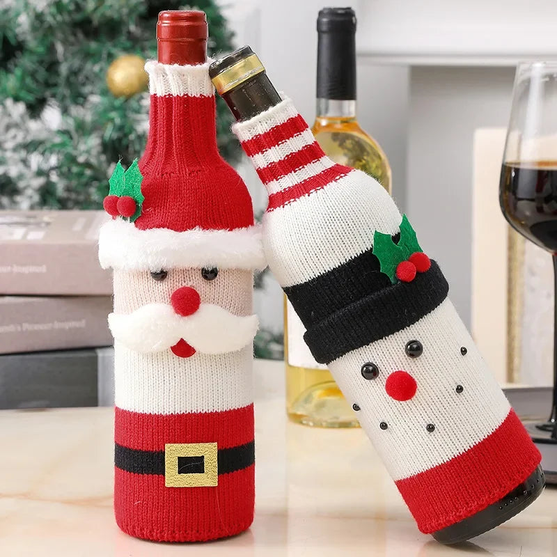 Christmas Red Wine Bottle Cover Santa Claus Snowman Elk  Knitted Bottle Case 2025 Merry Christmas Decor Champagne Bottle Cover