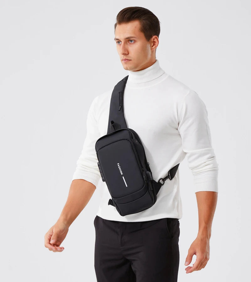 Waterproof Casual Chest Bag Men's Multifunction Anti-theft USB Charging Men Crossbody Bag Patent Leather Travel Chest Bag Pack