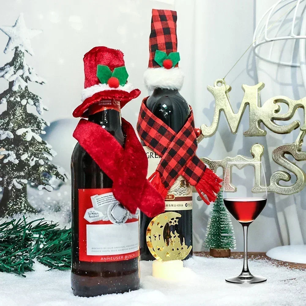 Lots Christmas Wine Bottle Cover Cap Red Green Xmas Hats Scarf Home Ornament Festival Party Tableware Decoration Supplies 2024