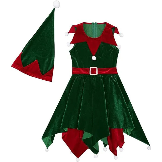 Children Christmas Cosplay Costume Santa Claus Dress Xmas Outfit Set Red New Year Dress Cloak Belt For Girls