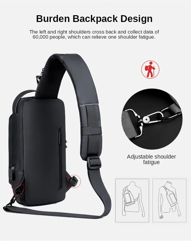 Waterproof Casual Chest Bag Men's Multifunction Anti-theft USB Charging Men Crossbody Bag Patent Leather Travel Chest Bag Pack