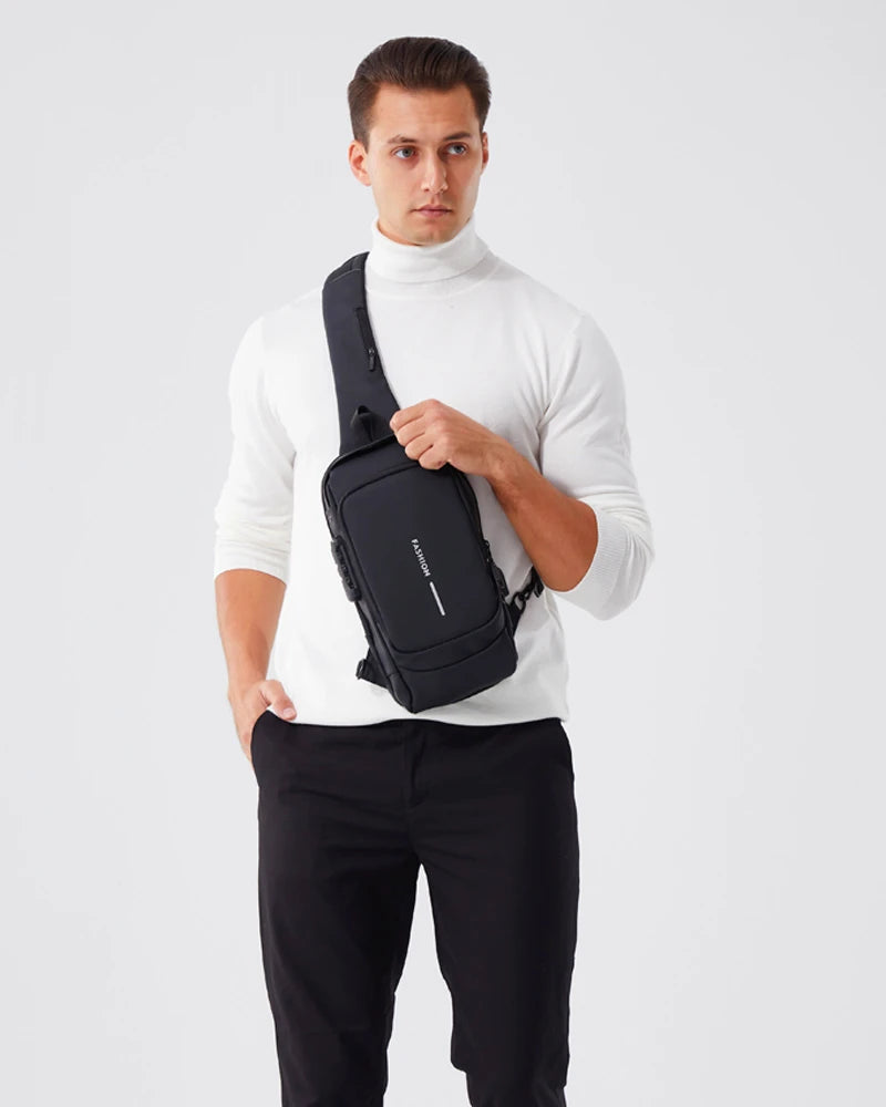 Waterproof Casual Chest Bag Men's Multifunction Anti-theft USB Charging Men Crossbody Bag Patent Leather Travel Chest Bag Pack