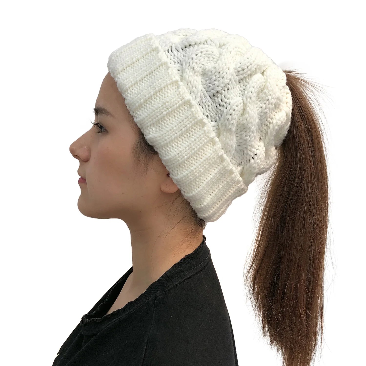 Women Winter Hats Beanies Knitted Girls Cap Twist Crochet Winter Hats For Female Pompom Beanie Ear Braid Ponytail Hat Skullies