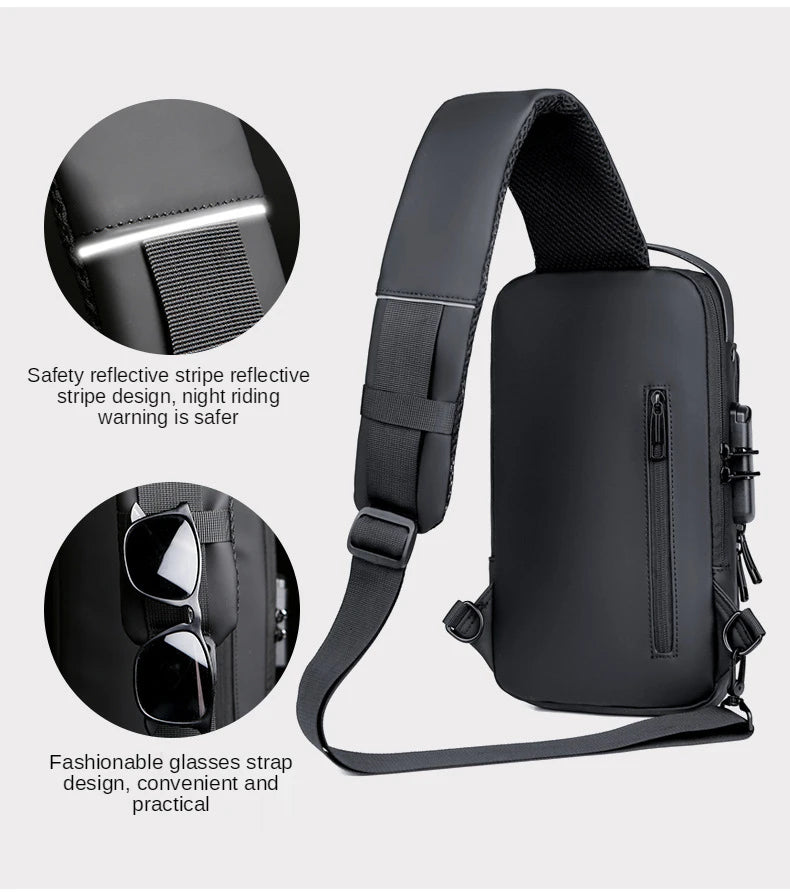 Waterproof Casual Chest Bag Men's Multifunction Anti-theft USB Charging Men Crossbody Bag Patent Leather Travel Chest Bag Pack