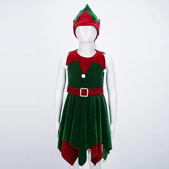 Children Christmas Cosplay Costume Santa Claus Dress Xmas Outfit Set Red New Year Dress Cloak Belt For Girls