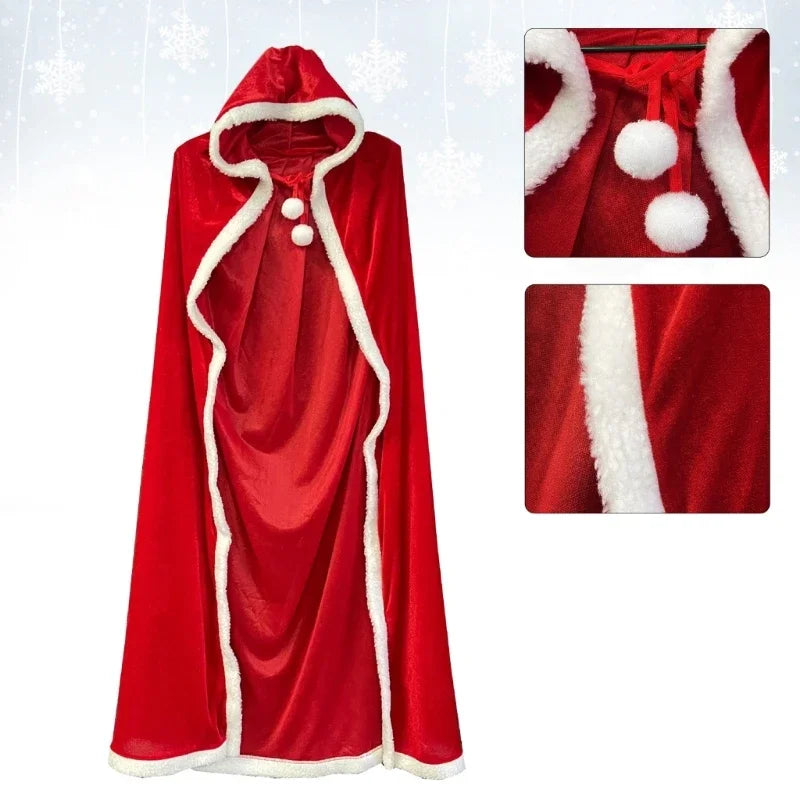 Full Length Hooded Velvet Cloak Christmas Santa Claus Plush Trim Tie Up Red Cape Holiday Cosplay Costume for Women Girls