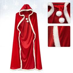 Full Length Hooded Velvet Cloak Christmas Santa Claus Plush Trim Tie Up Red Cape Holiday Cosplay Costume for Women Girls