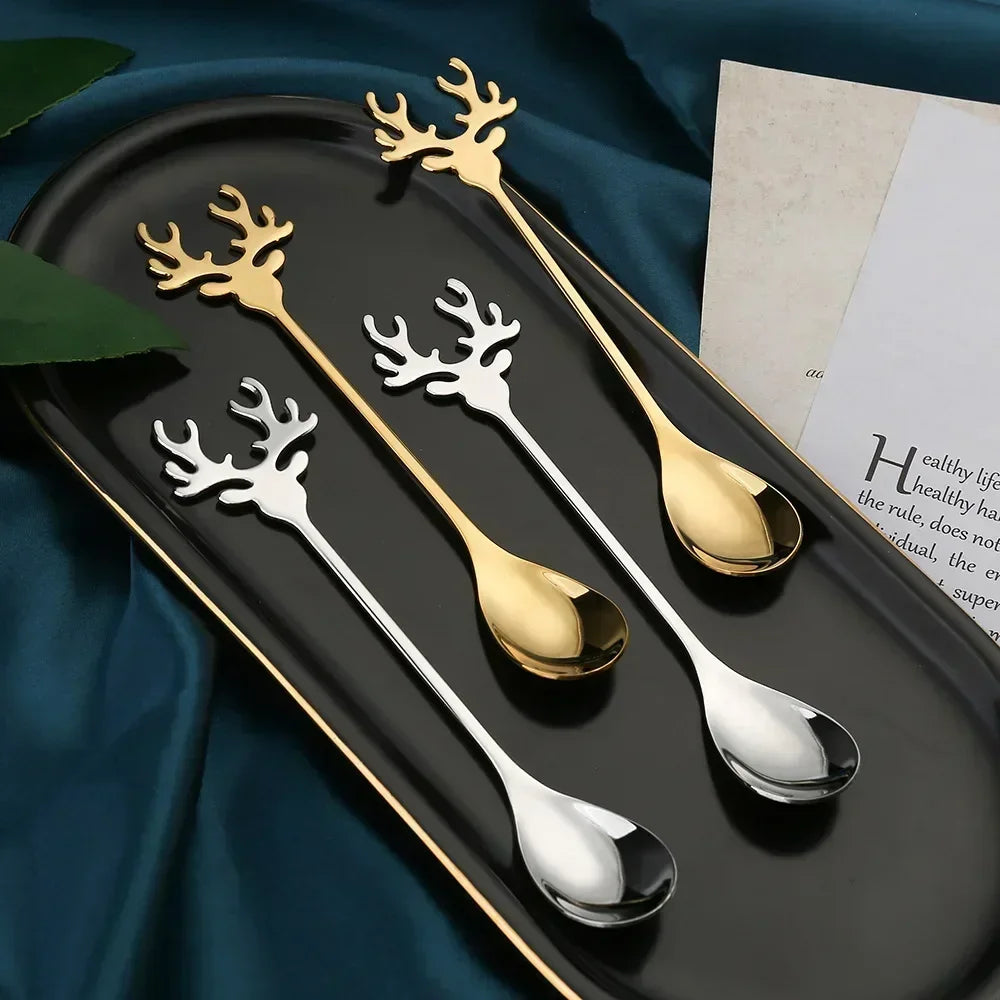 4pcs Christmas Elk Head Shape Stainless Coffee Spoon New Year 2024 Christmas Decoration Table Decor for Home Navidad 2023 Gifts