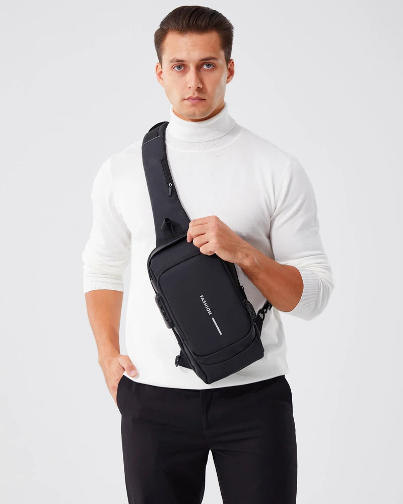 Waterproof Casual Chest Bag Men's Multifunction Anti-theft USB Charging Men Crossbody Bag Patent Leather Travel Chest Bag Pack