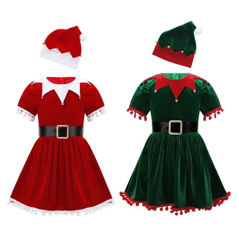 Children Christmas Cosplay Costume Santa Claus Dress Xmas Outfit Set Red New Year Dress Cloak Belt For Girls