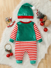 2Pcs Christmas Baby unisex Jumpsuit Newborn Cute  Striped Clothes Autumn Winter Boys Girls Round Neck Long Sleeve Bodysuit+Hat