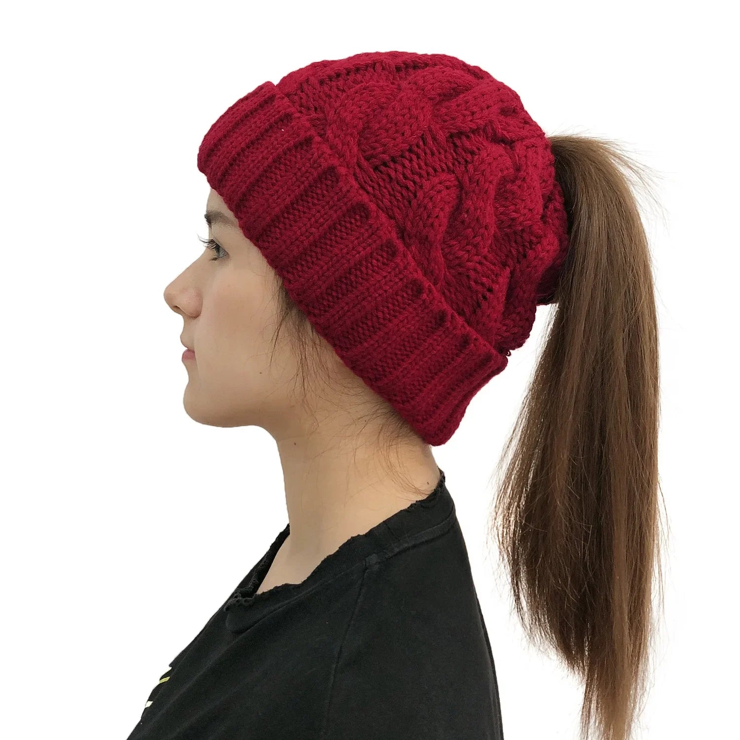 Women Winter Hats Beanies Knitted Girls Cap Twist Crochet Winter Hats For Female Pompom Beanie Ear Braid Ponytail Hat Skullies