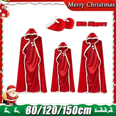 Full Length Hooded Velvet Cloak Christmas Santa Claus Plush Trim Tie Up Red Cape Holiday Cosplay Costume for Women Girls