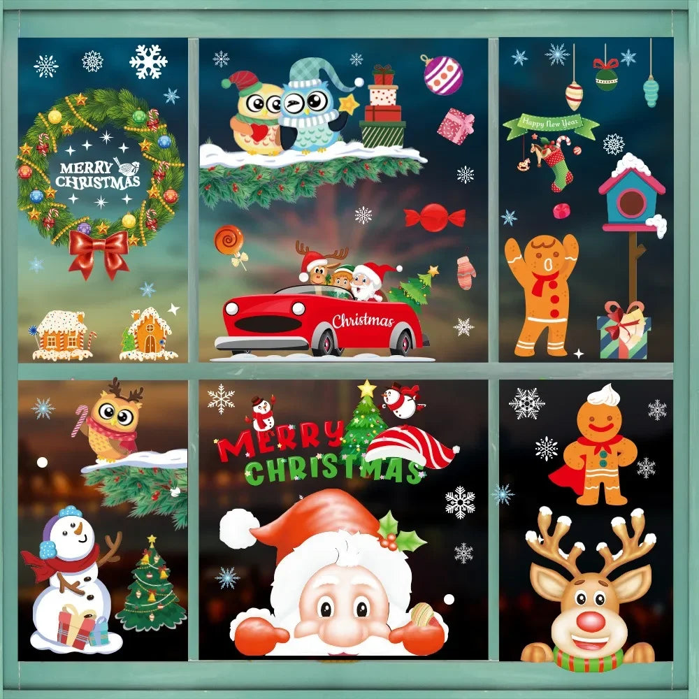 2024 Christmas Decoration Window Stickers Cartoon Santa Claus Elk Gingerbread Man Xmas Wreath Glass Sticker Merry Christma Decor