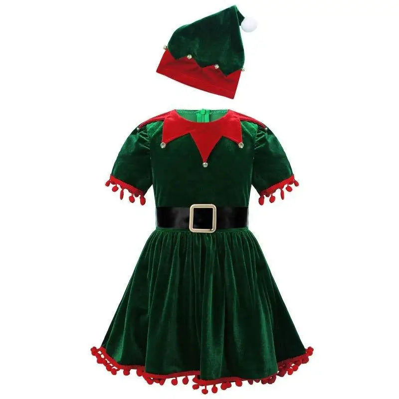 Children Christmas Cosplay Costume Santa Claus Dress Xmas Outfit Set Red New Year Dress Cloak Belt For Girls