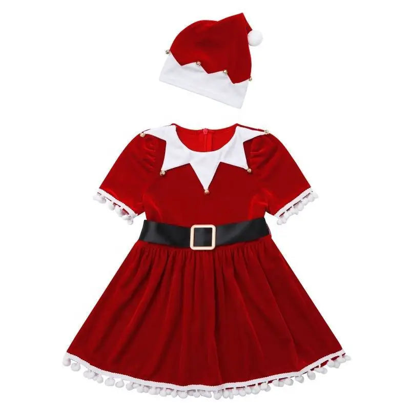 Children Christmas Cosplay Costume Santa Claus Dress Xmas Outfit Set Red New Year Dress Cloak Belt For Girls