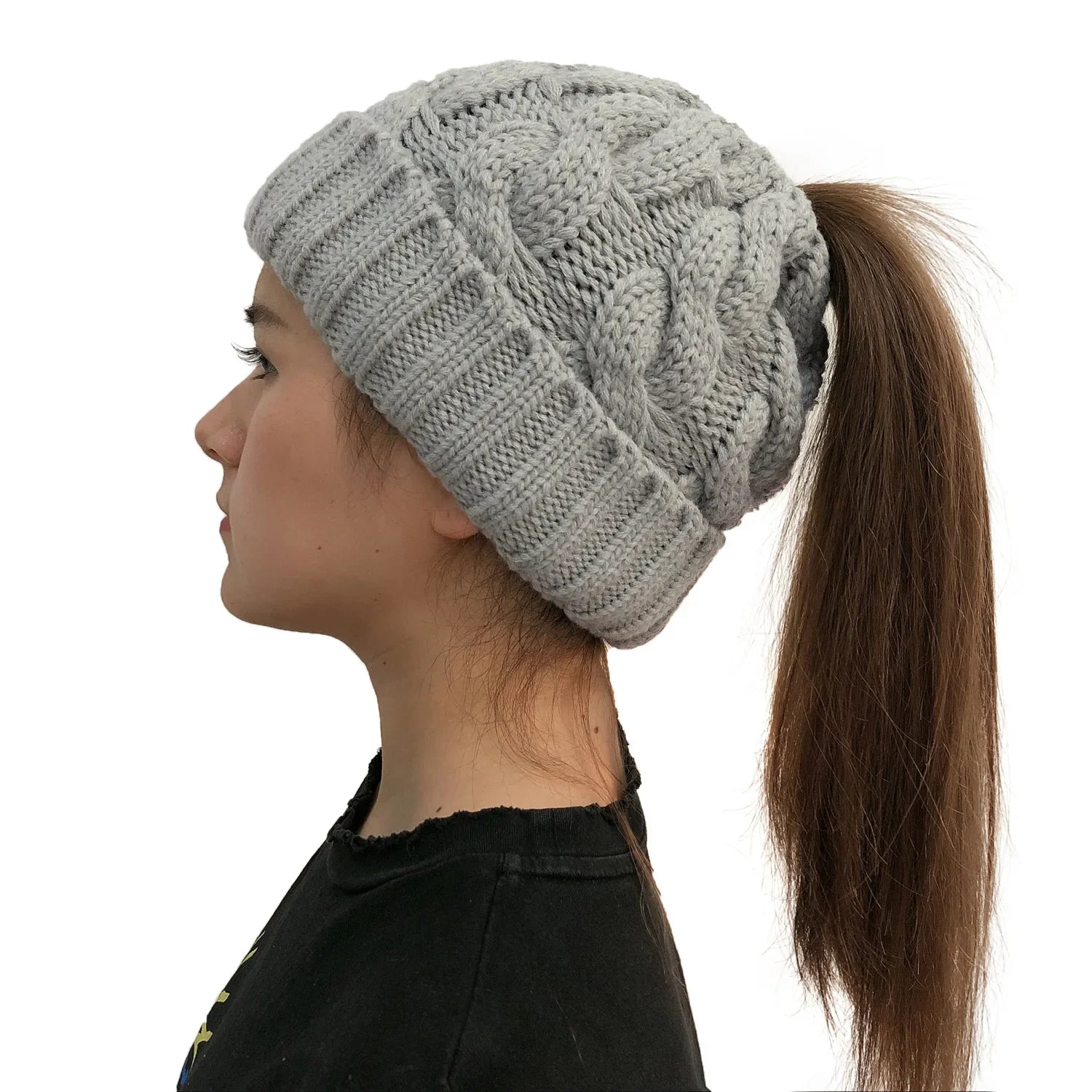 Women Winter Hats Beanies Knitted Girls Cap Twist Crochet Winter Hats For Female Pompom Beanie Ear Braid Ponytail Hat Skullies