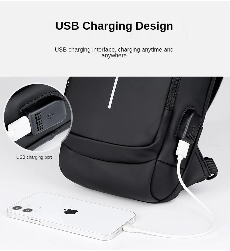 Waterproof Casual Chest Bag Men's Multifunction Anti-theft USB Charging Men Crossbody Bag Patent Leather Travel Chest Bag Pack