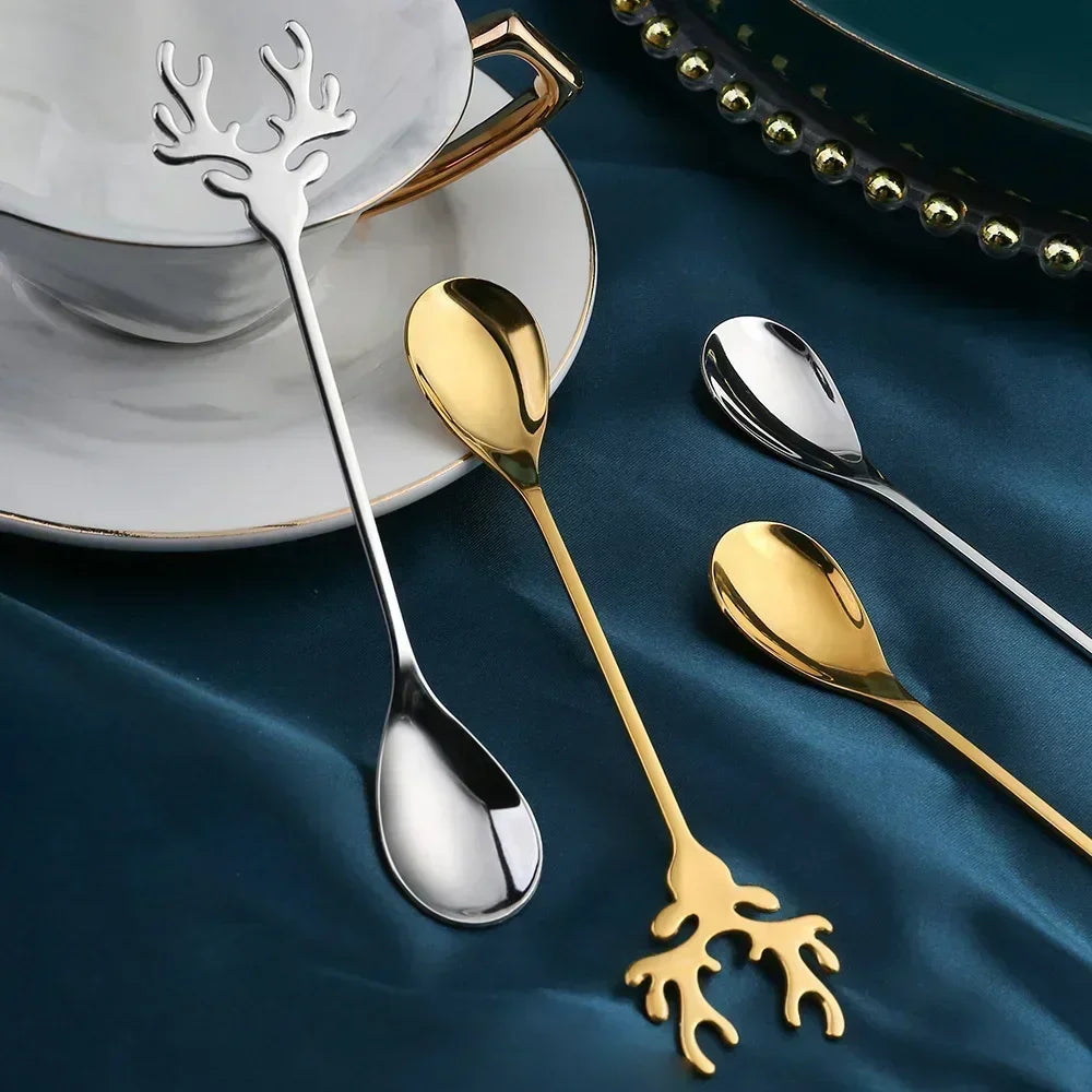 4pcs Christmas Elk Head Shape Stainless Coffee Spoon New Year 2024 Christmas Decoration Table Decor for Home Navidad 2023 Gifts