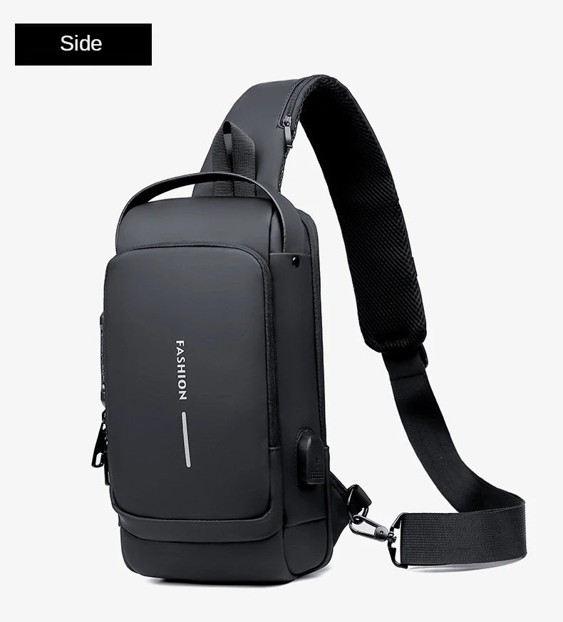 Waterproof Casual Chest Bag Men's Multifunction Anti-theft USB Charging Men Crossbody Bag Patent Leather Travel Chest Bag Pack