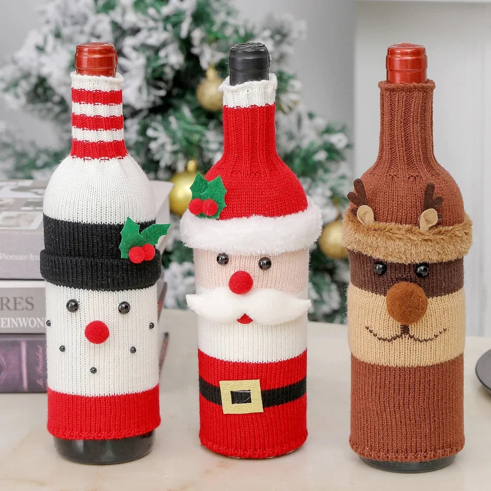 Christmas Red Wine Bottle Cover Santa Claus Snowman Elk  Knitted Bottle Case 2025 Merry Christmas Decor Champagne Bottle Cover