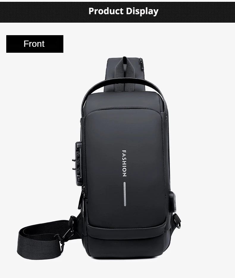 Waterproof Casual Chest Bag Men's Multifunction Anti-theft USB Charging Men Crossbody Bag Patent Leather Travel Chest Bag Pack