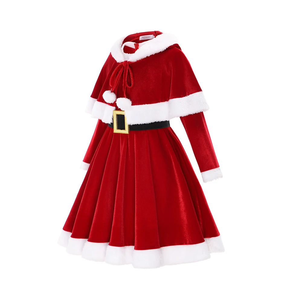 Children Christmas Cosplay Costume Santa Claus Dress Xmas Outfit Set Red New Year Dress Cloak Belt For Girls