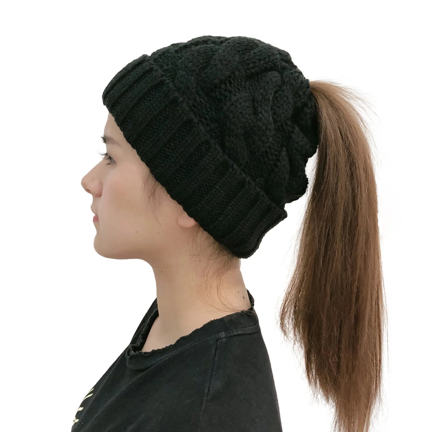 Women Winter Hats Beanies Knitted Girls Cap Twist Crochet Winter Hats For Female Pompom Beanie Ear Braid Ponytail Hat Skullies