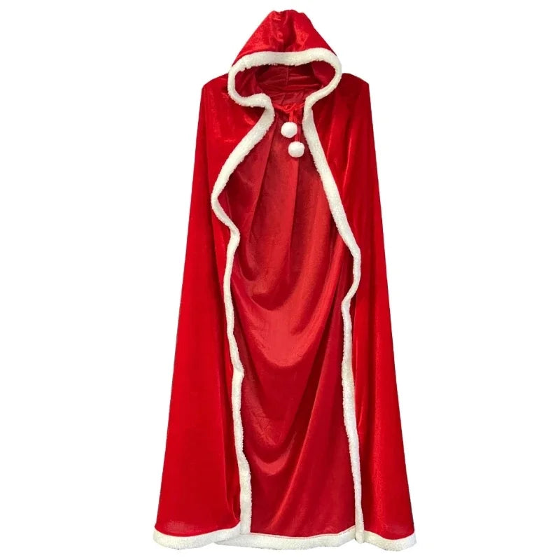 Full Length Hooded Velvet Cloak Christmas Santa Claus Plush Trim Tie Up Red Cape Holiday Cosplay Costume for Women Girls